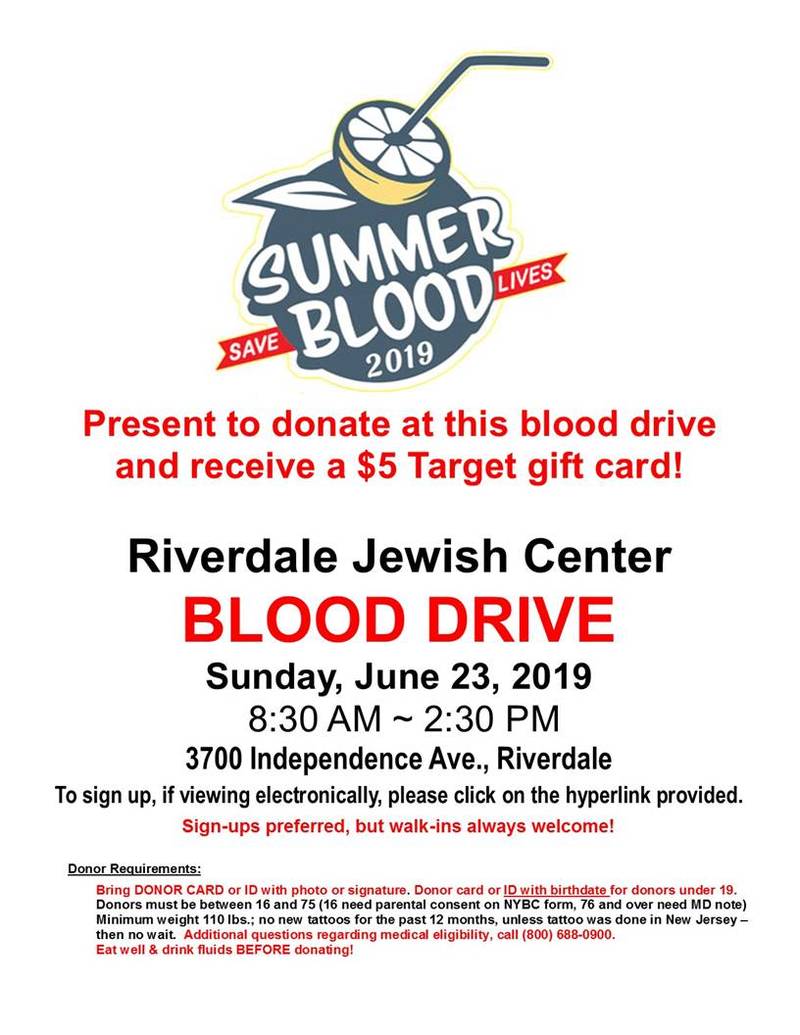 Banner Image for Riverdale Jewish Center Blood Drive
